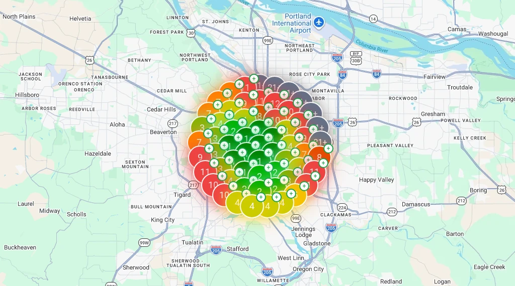 SEO Utils map heatmap for drain cleaning near me in Portland, OR (Wildpine Plumbing)