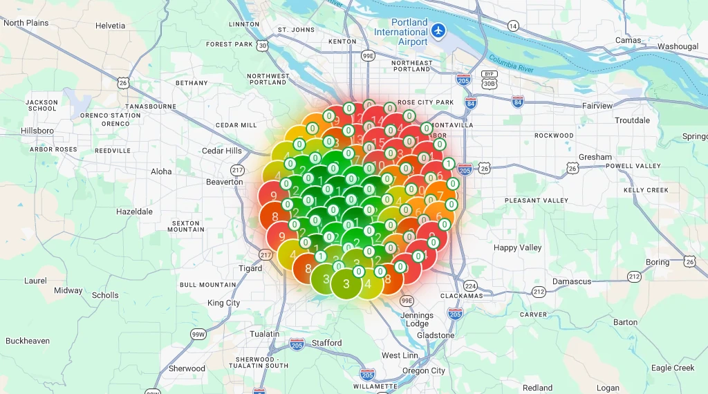 SEO Utils map heatmap for plumber in Portland, OR (Wildpine Plumbing)