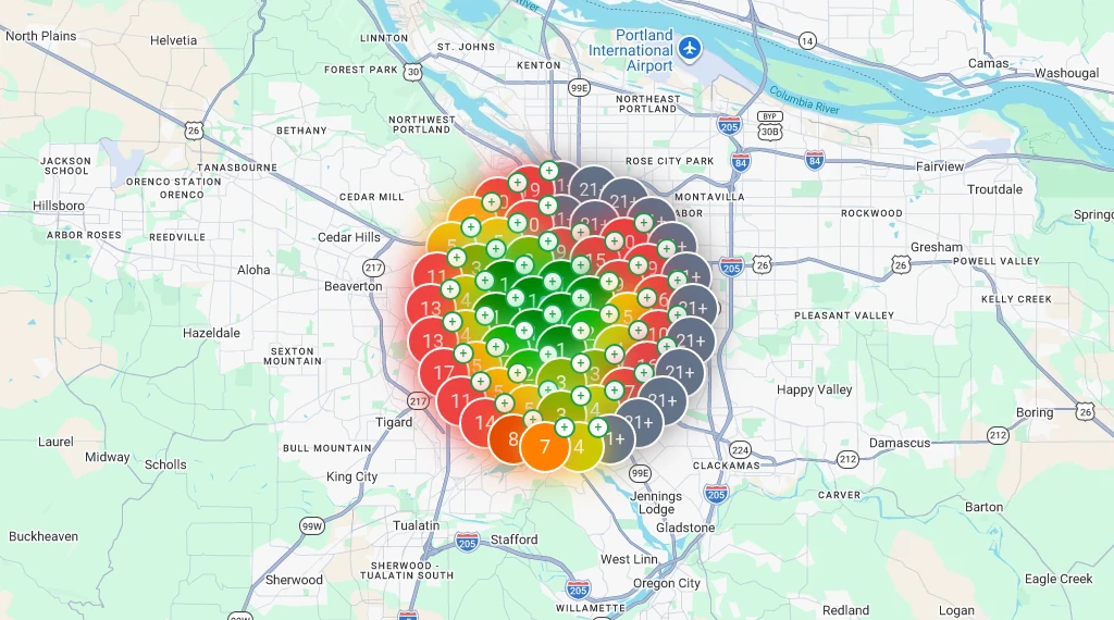 SEO Utils map heatmap for water heater repair in Portland, OR (Wildpine Plumbing)